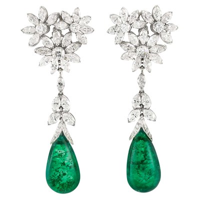 Lot 381 - Pair of Platinum, Diamond and Emerald Pendant-Earclips
