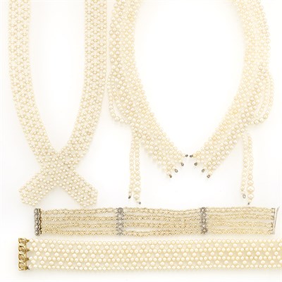 Lot 1092 - Three Pearl Knit Chokers with Two-Color Gold Clasps and Seed Pearl and Diamond Bracelet