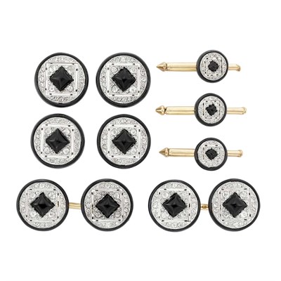 Lot 115 - Art Deco Platinum, Gold, Diamond, Black Onyx and Black Enamel Dress Set, France