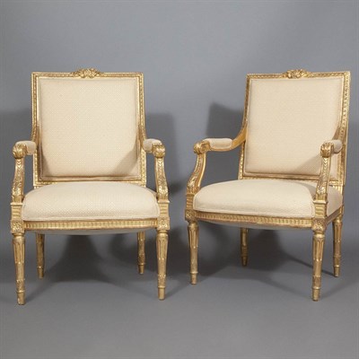 Lot 708 - Pair of Louis XVI Style Giltwood Fauteuils...