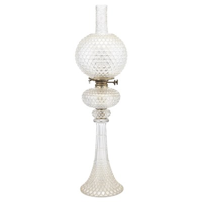 Lot 436 - American Cut Glass Oil Lamp With a globe shade,...