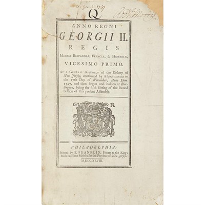Lot 43 - [BENJAMIN FRANKLIN IMPRINT - NEW JERSEY LAWS]...