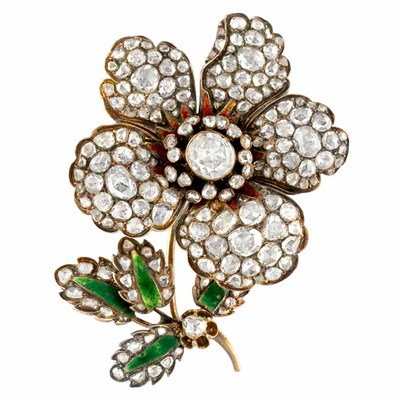 Lot 304 - Antique Silver, Gold, Diamond and Enamel Flower Brooch