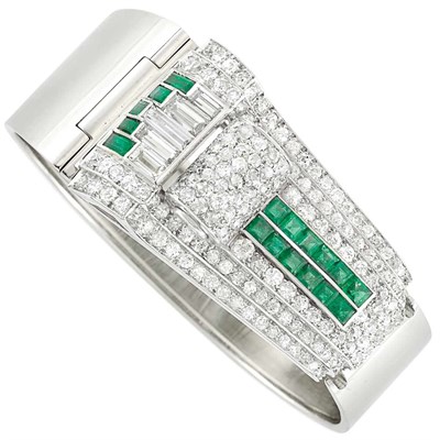 Lot 408 - White Gold, Platinum, Diamond and Emerald Clip/Bangle Bracelet