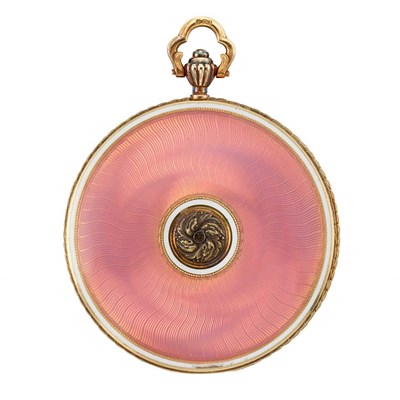 Lot 319 - Gold, Platinum, Pink Guilloche Enamel, White Enamel and Diamond Rouge Pot, Carl Faberge, Workmaster Henrik Wigstrom