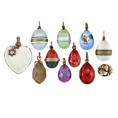 Lot 318 - Group of Antique Russian Enamel Pendants and Gem-Set Briolette Pendants, One by Workmaster Fedor Afanassiev for Carl Faberge