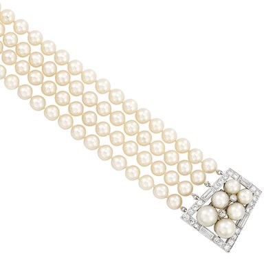 Lot 363 - Four Strand Cultured Pearl, Platinum and Diamond Bracelet, Seaman Schepps