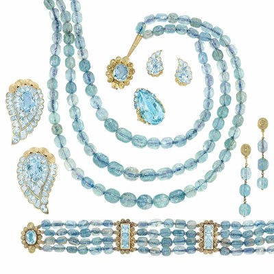 Lot 49 - Pair of Gold and Aquamarine Clips, Seaman Schepps, and Multistrand Aquamarine Bead and Gold Necklace, Bracelet, Ring and Two Pairs of Earclips
