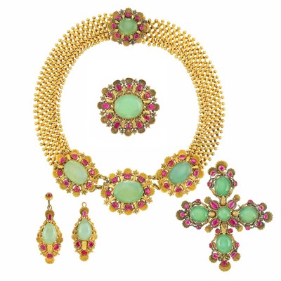 Lot 294 - Antique Gold, Green Chrysoprase and Ruby Necklace, Pendant, Brooch and Pair of Pendant-Earrings
