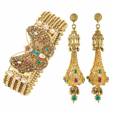 Lot 293 - Antique Gold and Gem-Set Bracelet and Pair of Pendant-Earclips