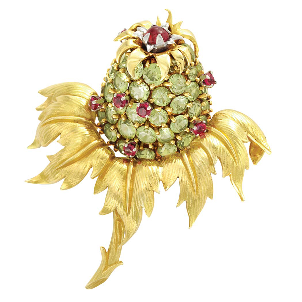 Lot 271 - Gold, Platinum, Peridot and Ruby 'Thistle' Clip-Brooch, Tiffany & Co., Schlumberger