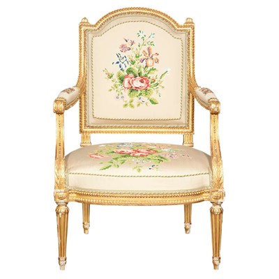 Lot 603 - Pair of Louis XVI Giltwood Fauteuils a la...