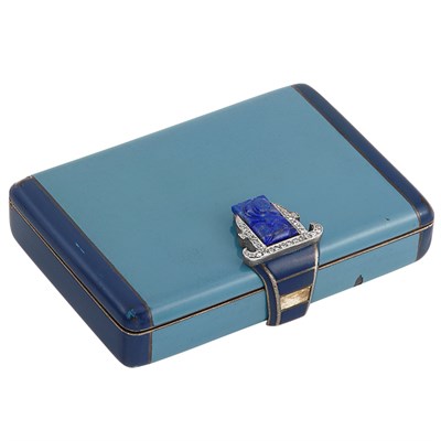 Lot 235 - Gold, Enamel, Carved Lapis and Diamond Compact