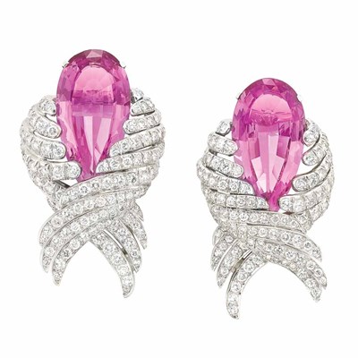 Lot 437 - Pair of Platinum, Pink Stone and Diamond Clip-Brooches