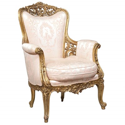 Lot 387 - Louis XV Style Carved and Giltwood Bergere The...
