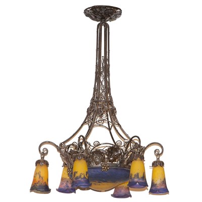 Lot 665 - Muller Freres Art Deco Glass and Wrought Iron...