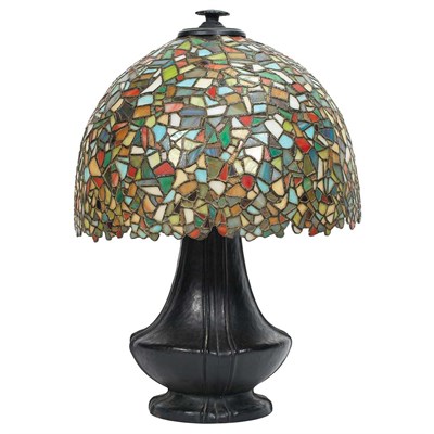 Lot 535 - American Patinated-Spelter and Leaded Glass...