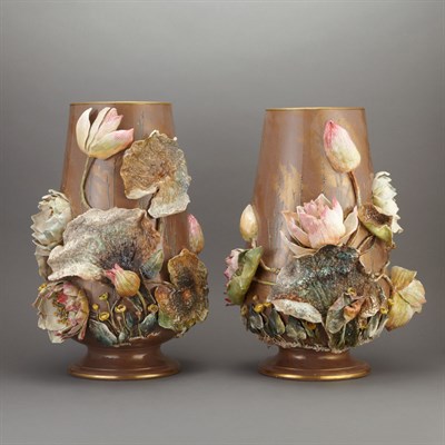 Lot 576 - Pair of English Art Nouveau Majolica Vases...