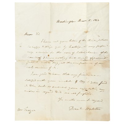 Lot 192 - WEBSTER, DANIEL Autograph letter signed....
