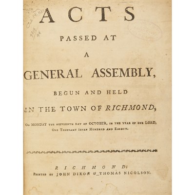 Lot 73 - [VIRGINIA] Group of Acts of Assembly, 1780-88,...