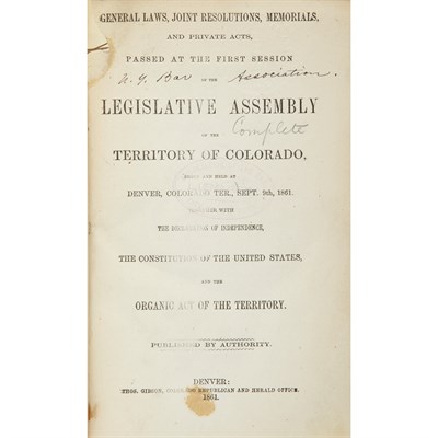 Lot 267 - [COLORADO TERRITORY] General laws, joint...
