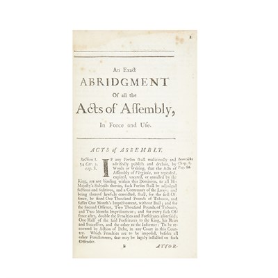 Lot 7 - [VIRGINIA] MERCER, JOHN. An exact abridgment...