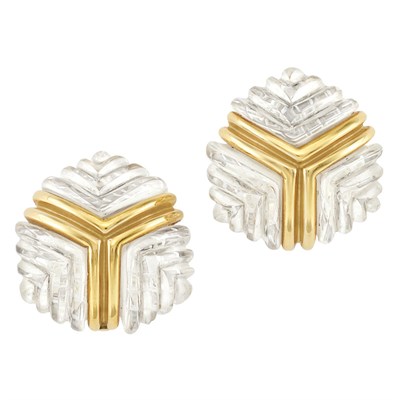 Lot 251 - Pair of Gold and Carved Rock Crystal Earclips, Trianon