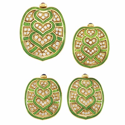 Lot 10 - Pair of Gold, Diamond, Cabochon Colored Stone and Green Paillonne Enamel Earclips and Two Brooches, Judith Leiber