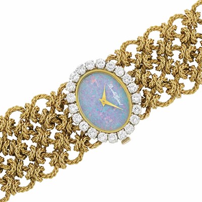 Lot 223 - Gold, Platinum, Opal and Diamond Bracelet-Watch, Bueche Girod