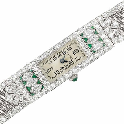 Lot 407 - Platinum, Diamond and Emerald Mesh Wristwatch
