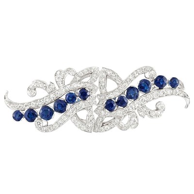 Lot 336 - Platinum, White Gold, Sapphire and Diamond Double Clip-Brooch