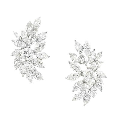 Lot 341 - Pair of Platinum and Diamond Cluster Earclips