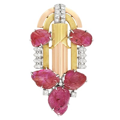Lot 58 - Two-Color Gold, Platinum, Carved Ruby and Diamond Brooch