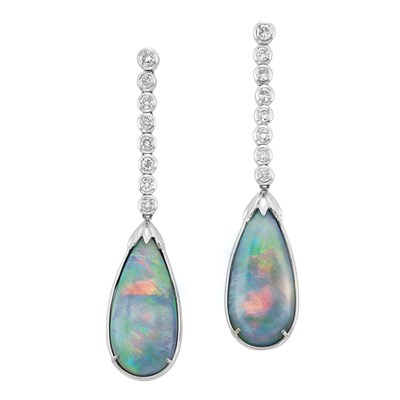 Lot 111 - Pair of White Gold, Diamond and Black Opal Pendant-Earrings