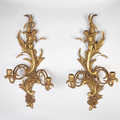 Lot 244 - Pair of Rococo Style Giltwood Two-Light Wall...
