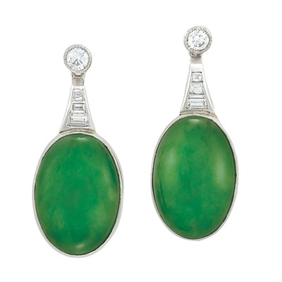 Lot 124 - Pair of Platinum, Jade and Diamond Pendant-Earrings