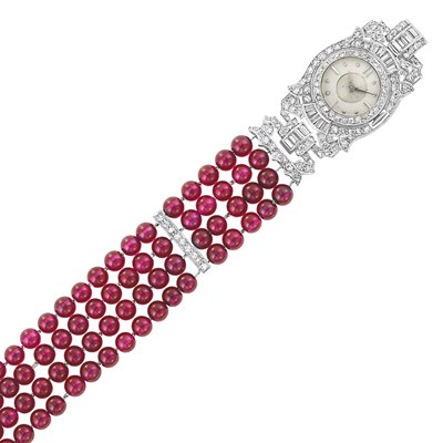 Lot 419 - Four Strand Synthetic Ruby Bead, Platinum and Diamond Bracelet-Watch