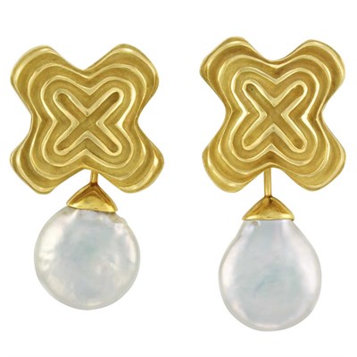 Lot 195 - Pair of Gold and Freshwater Pearl Pendant-Earrings, Christopher Walling