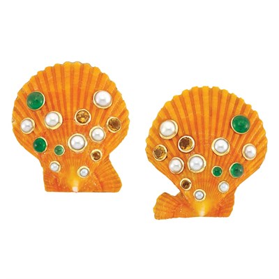 Lot 14 - Pair of Gold, Shell, Cabochon Emerald, Citrine and Split Pearl Earclips, Demner