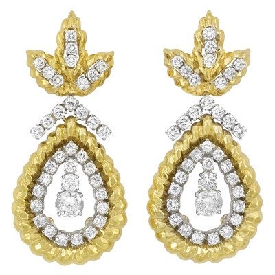 Lot 212 - Pair of Hammered Gold, Platinum and Diamond Pendant-Earclips, David Webb