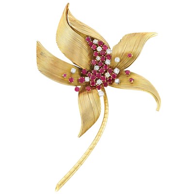 Lot 69 - Gold, Diamond and Ruby Flower Clip