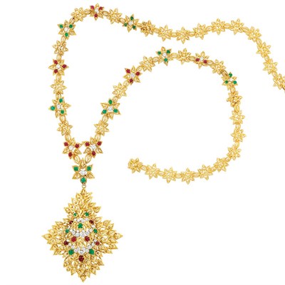 Lot 237 - Gold, Diamond and Cabochon Colored Stone Pendant/Clip-Brooch Necklace/Bracelet Combination, Andre Vassort, France
