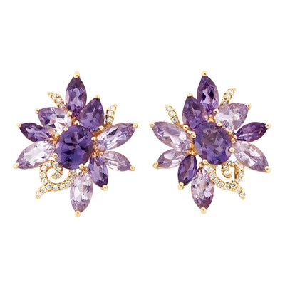 Lot 284 - Pair of Rose Gold, Amethyst and Diamond Cluster Earclips