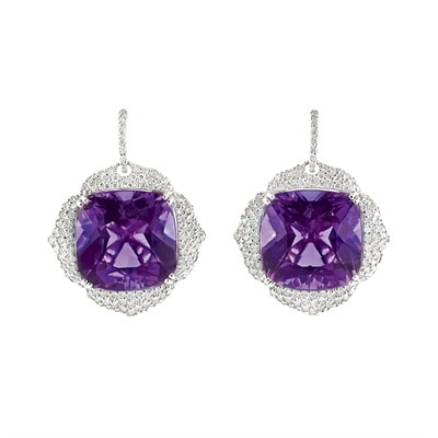 Lot 159 - Pair of White Gold, Amethyst and Diamond Pendant-Earrings, Piranesi