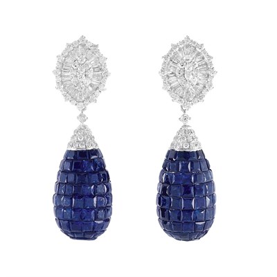 Lot 140 - Pair of White Gold, Diamond and Invisibly-Set Sapphire Pendant-Earrings