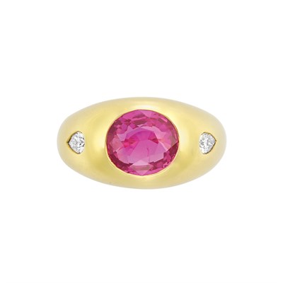 Lot 274 - Gold, Pink Sapphire and Diamond Gypsy Ring