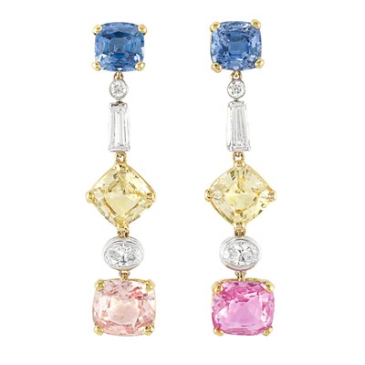 Lot 174 - Pair of Gold, Platinum, Multicolored Sapphire and Diamond Pendant-Earclips