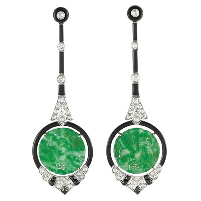 Lot 119 - Pair of Platinum, Carved Jade, Diamond, Black Enamel and Black Onyx Pendant-Earrings