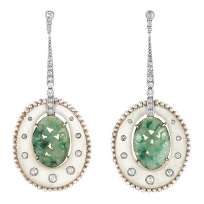 Lot 120 - Pair of Platinum, Carved Jade, Frosted Rock Crystal, Diamond and Seed Pearl Pendant-Earrings