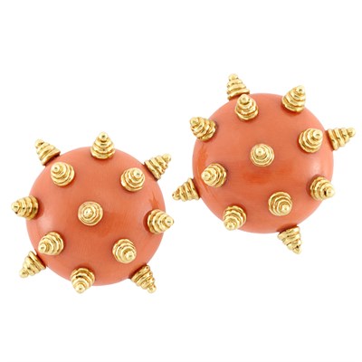 Lot 213 - Pair of Coral and Gold 'Sea Urchin' Earclips, Tiffany & Co.
